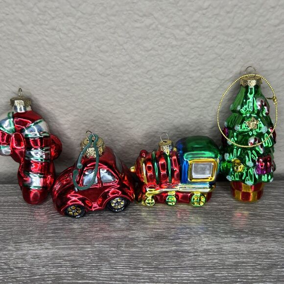 Lot Of 4 Hand Blown Glass Christmas Ornaments Tree, Train, Car, Candy Cane - Picture 2 of 4